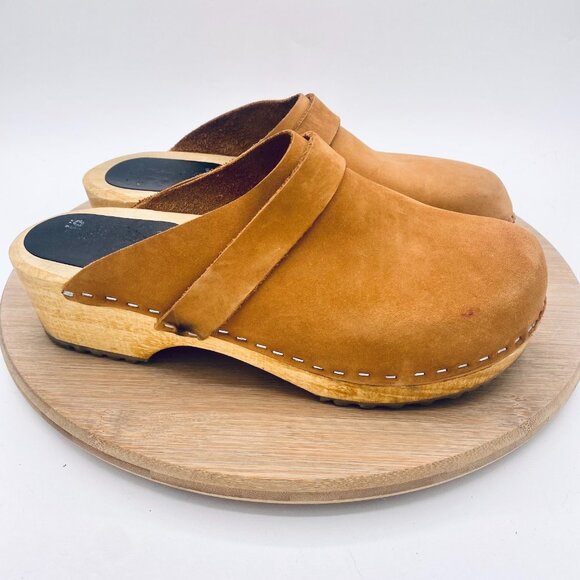 Swedish Wood Clogs Womens 8.5 39 Tan Brown Leather Slides Studded - Picture 6 of 12